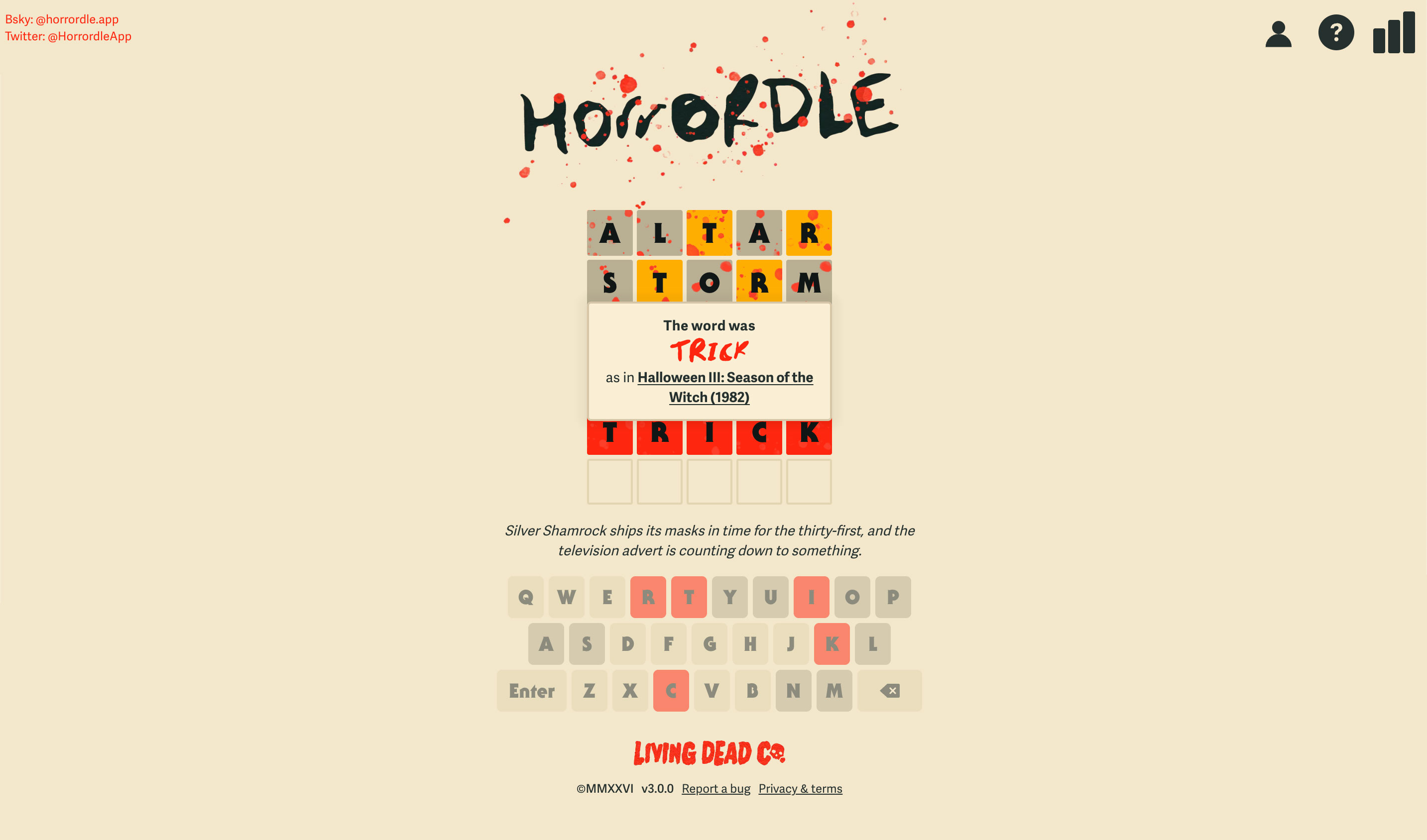 Horrordle on desktop at the end of a game, revealing the answer TRICK as in Halloween III: Season of the Witch, with the hint below the board